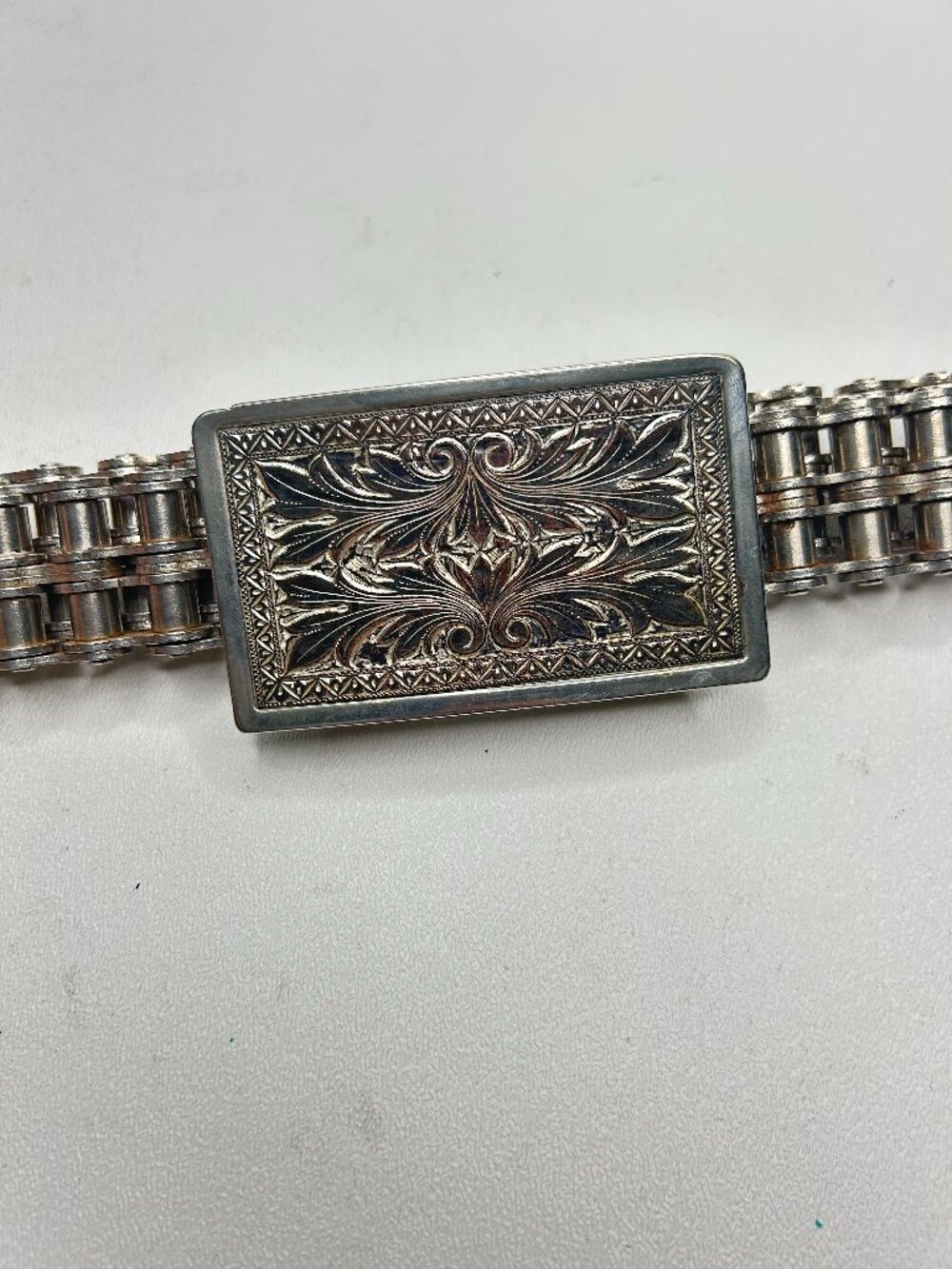 1970’s Vtg Belt EASY RIDER Motorcycle Chrome Chain Etched Buckle Belt 35" Biker